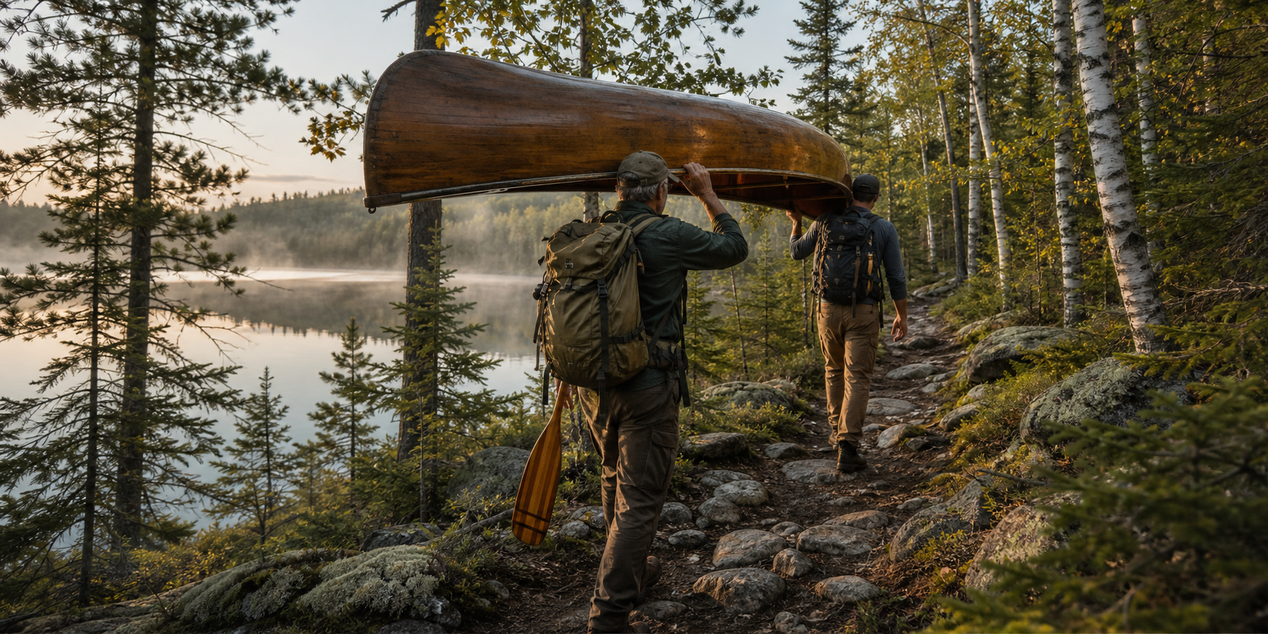 Two people carrying a canoe on a northern Minnesota portage trail between lakes