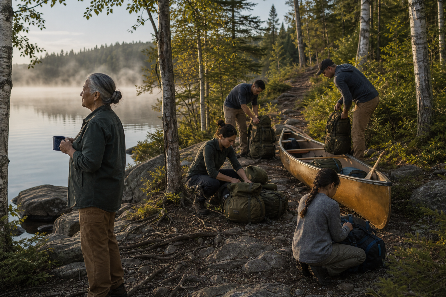 Family preparing gear at the beginning of a northern Minnesota portage trail