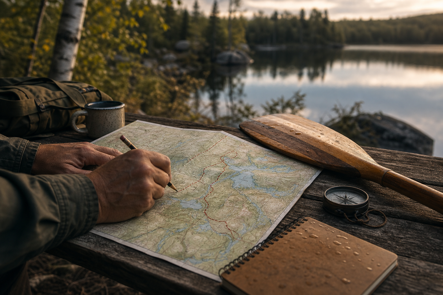 Hands studying a topographic map with a canoe paddle and compass