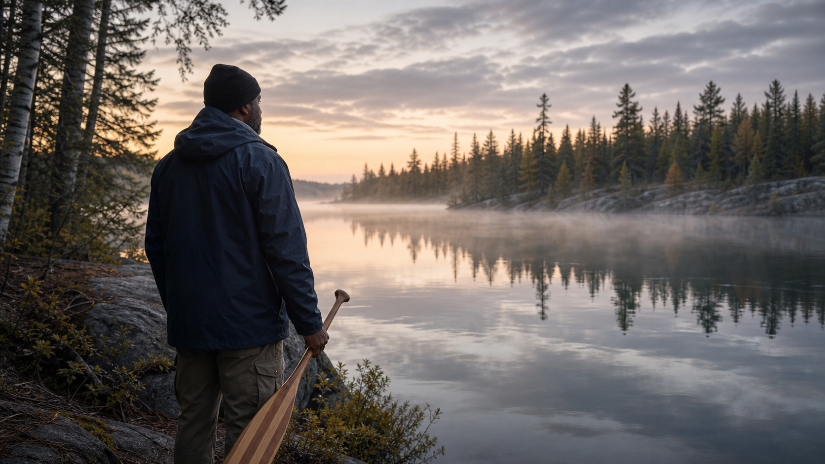A person standing at the edge of a northern Minnesota lake before the next crossing