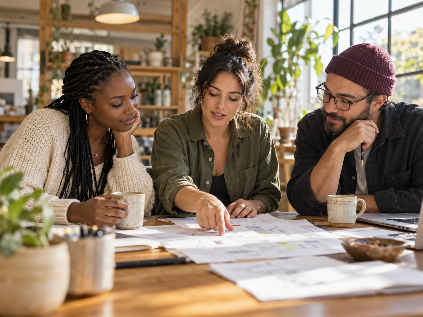Three people reviewing paper plans together at a wooden table in a sunlit small-business workspace.